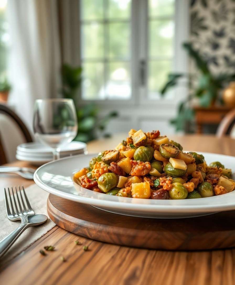 Crispy Brussels Sprout Stir-Fry with Golden Raisins and Cheddar