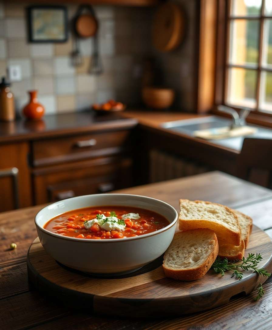 Hearty Tomato-Lentil Delight with Herbed Goat Cheese