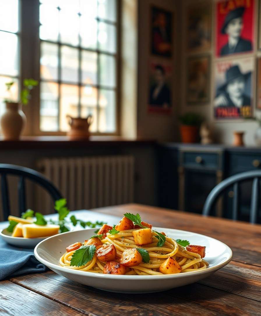 Sicilian Pesto Pasta with Crispy Potatoes