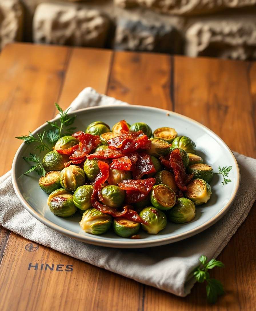 Crispy Brussels Sprouts with Bacon & Caramelized Onions