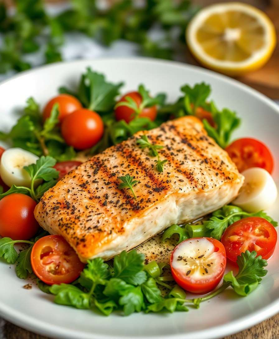 Grilled Lemon Herb Fish with Caprese Salad