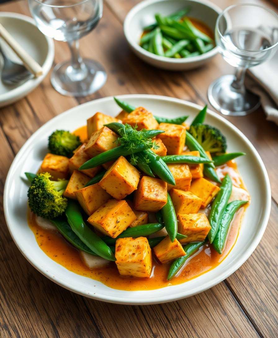 Spicy Green Curry Glazed Tofu with Roasted Vegetables