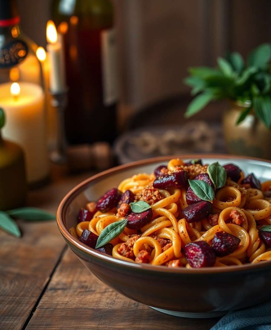 Savory Beet & Sausage Pasta with Crispy Sage