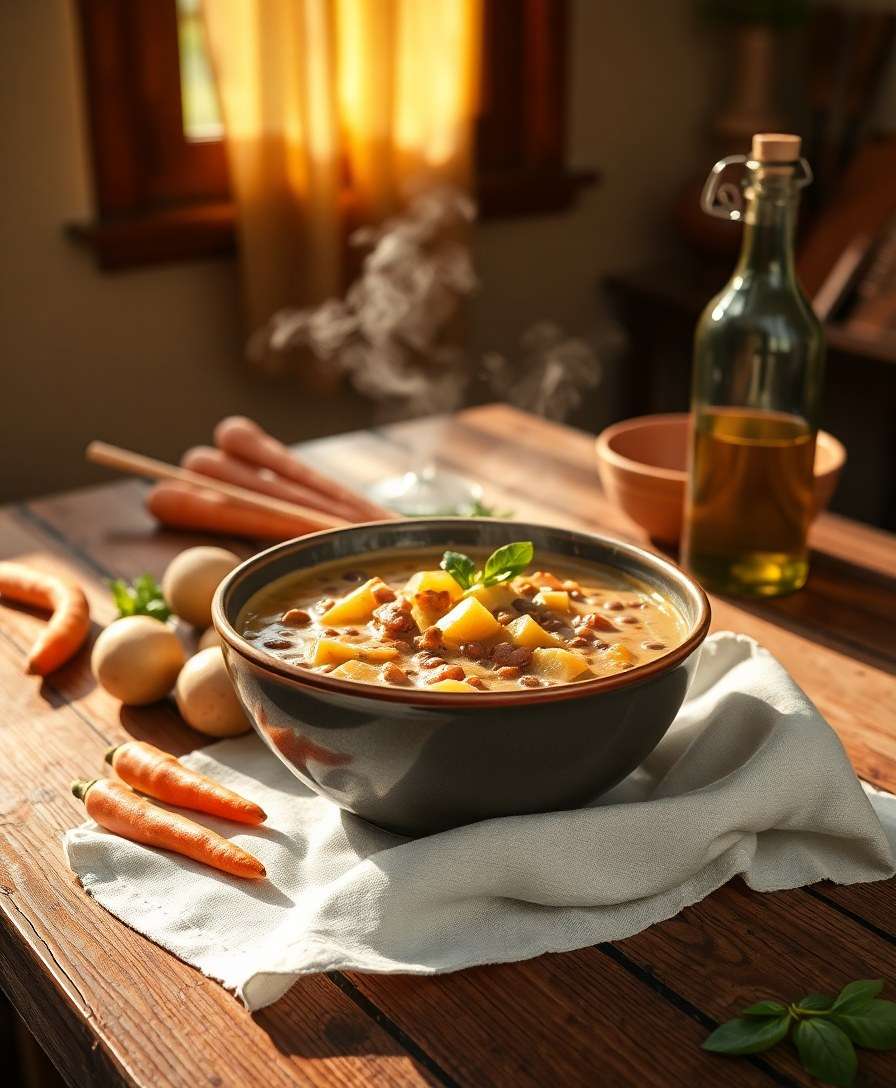 Creamy Lentil & Potato Soup with Crispy Bread Croutons