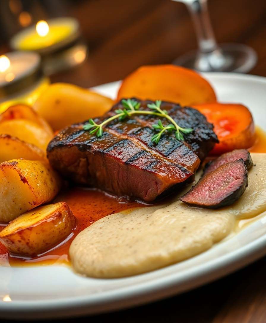 Gourmet Beef with Hasselback Potatoes and Roasted Jerusalem Artichoke Puree