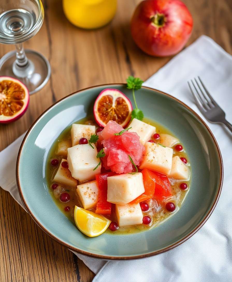 Spicy Fish Aguachile with Passion Fruit Granita