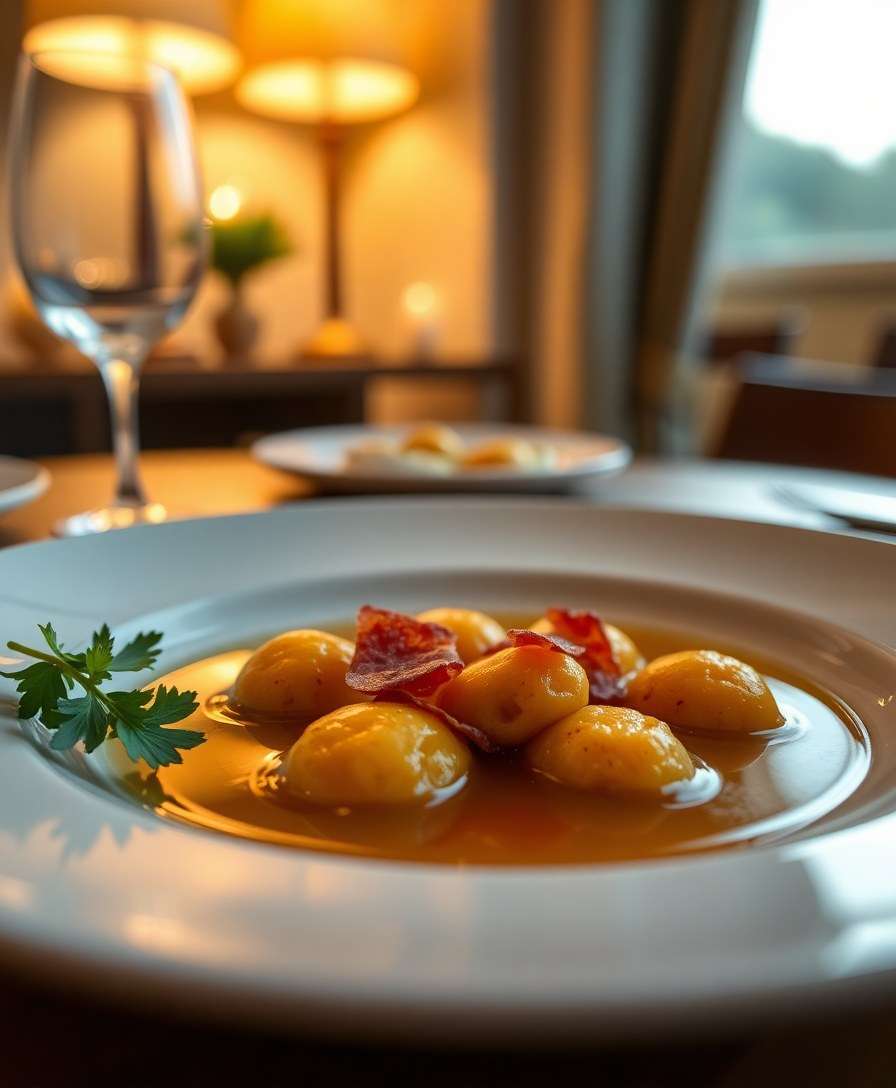 Gourmet Sweet Potato Gnocchi with Cupuaçu Dashi and Crispy Prosciutto