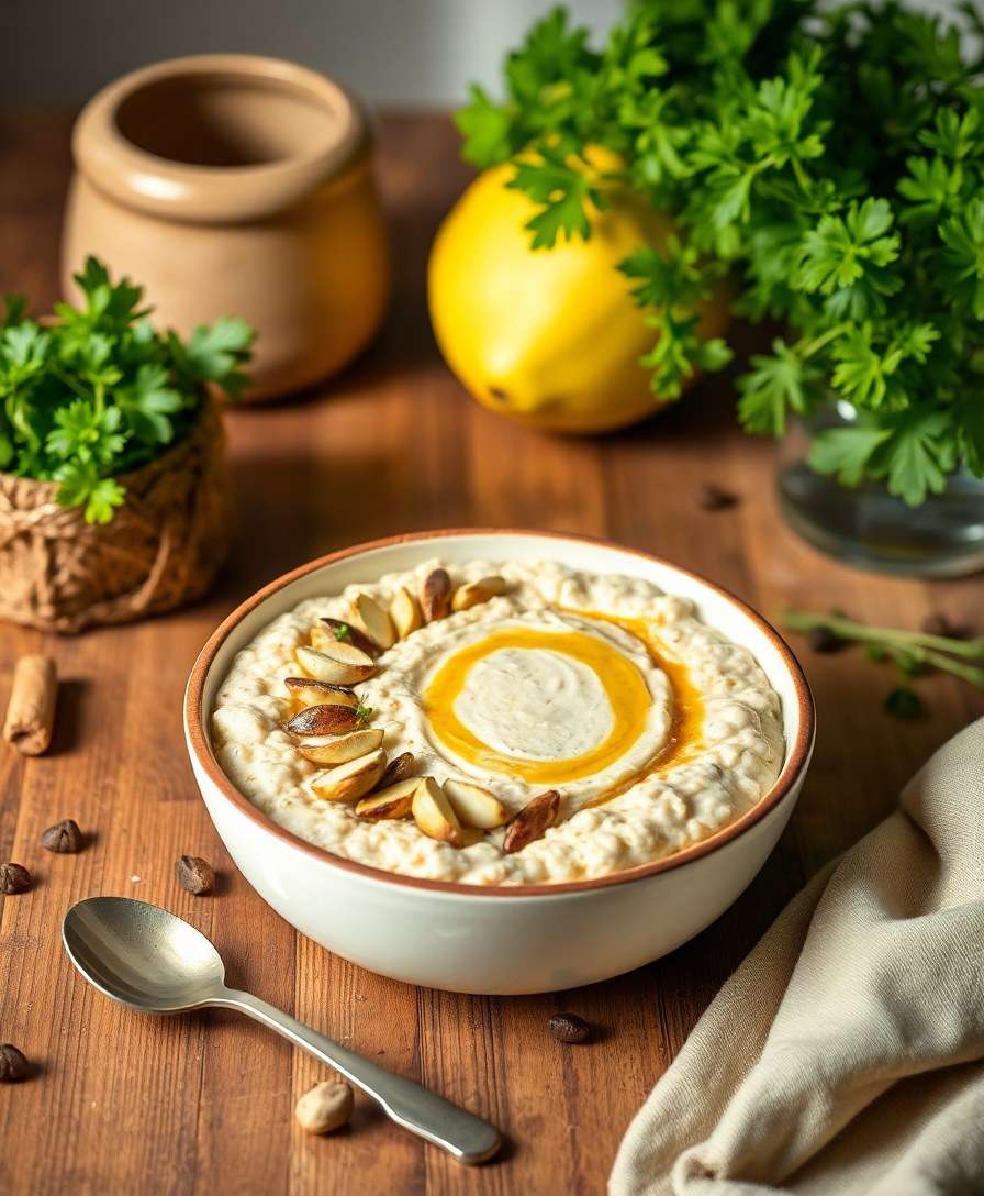 Creamy Tahini Oat Bowl with Pistachios and Herbs