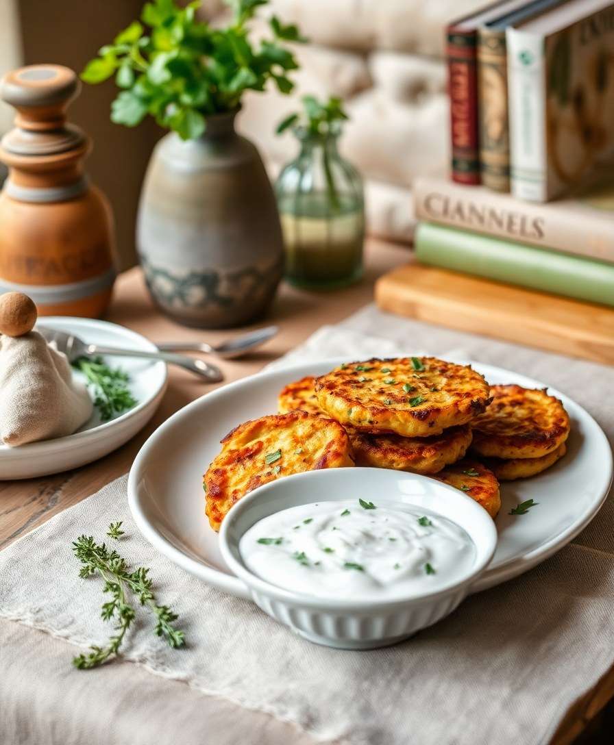 Savory Veggie Potato Fritters with Herby Yogurt Dip